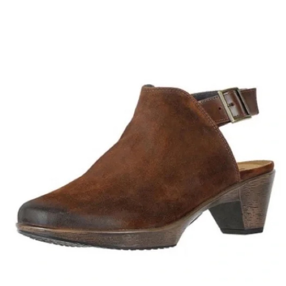 Naot Upgraded Slingback Brown Distressed Suede Heel Clog Mules